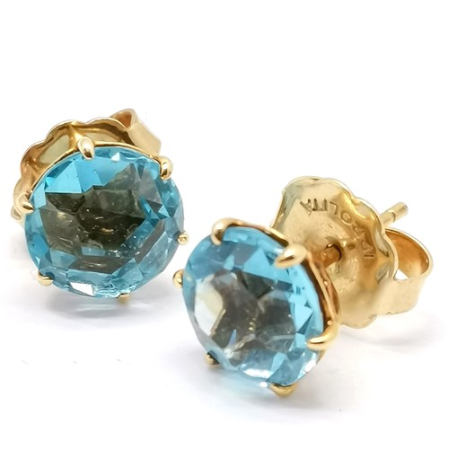 502 - Ippolita Rostagno 18ct marked gold unusual cut blue topaz stud earrings - 9mm diameter & 4.1g total ... 