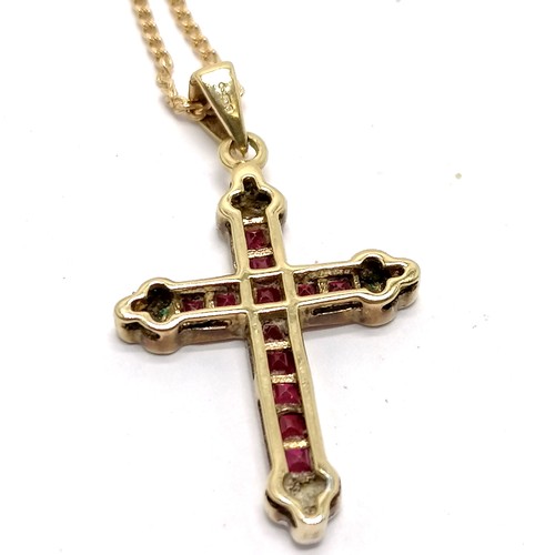 503 - 9ct hallmarked gold ruby & diamond set cross pendant (2.8cm) on UnoAErre 9ct hallmarked gold 62cm ch... 