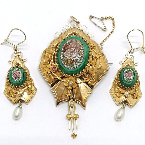 505 - Antique unmarked gold (touch tests as 18ct) brooch + earrings with micro mosaic panels & pearl drops... 