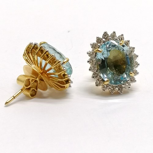 508 - 18ct marked gold aquamarine & diamond cluster earrings - stones approx 12mm x 10mm & total weight 9.... 