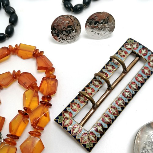 520 - Qty of jewellery inc amber necklace (48cm) & pendant - total weight (2) 18g, rosary, antique enamel ... 