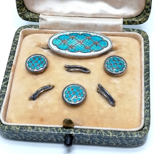 534 - 2 x antique sterling silver blue & white enamel button / brooch cased sets - 1 button + 1 brooch hav... 