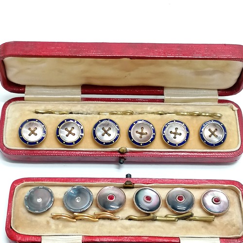 535 - 2 x antique cased gilt metal mother of pearl button sets inc blue enamel ~ no obvious damage