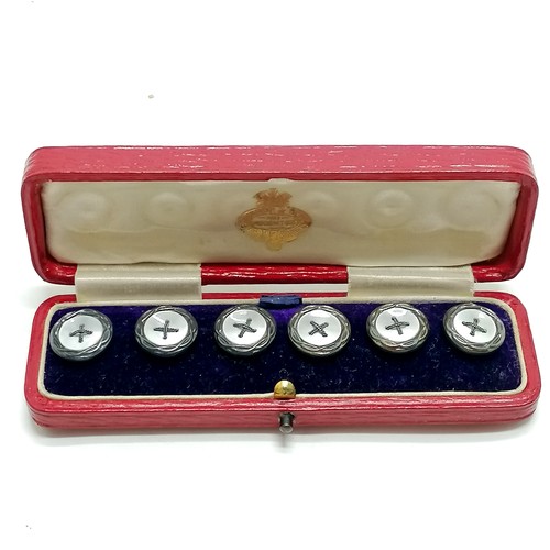 536 - Antique cased set of 6 unmarked silver mother of pearl buttons in an Edwards (Regent Street) retail ... 