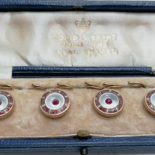 538 - Antique cased set of 9ct gold rimmed enamel buttons - box 15.8cm long ~ slight losses to enamel