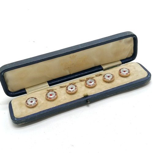 538 - Antique cased set of 9ct gold rimmed enamel buttons - box 15.8cm long ~ slight losses to enamel