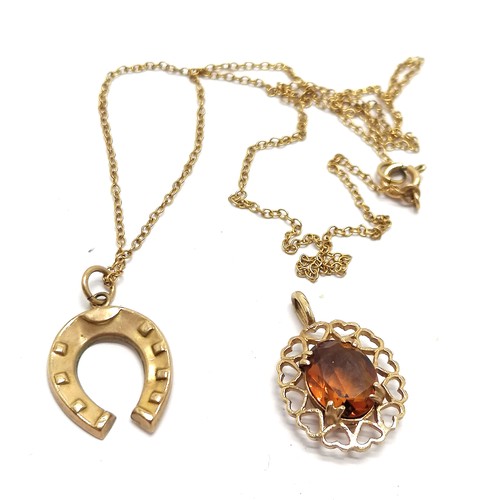 563 - Antique 9ct marked gold horseshoe pendant on 9ct gold 40cm chain t/w 9ct hallmarked gold citrine sto... 