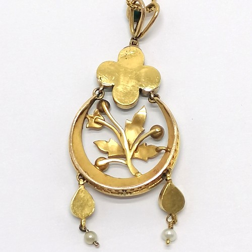 564 - Antique unmarked gold (touch tests as 15ct) pendant set with turquoise & pearl (5.5cm drop) on an 18... 