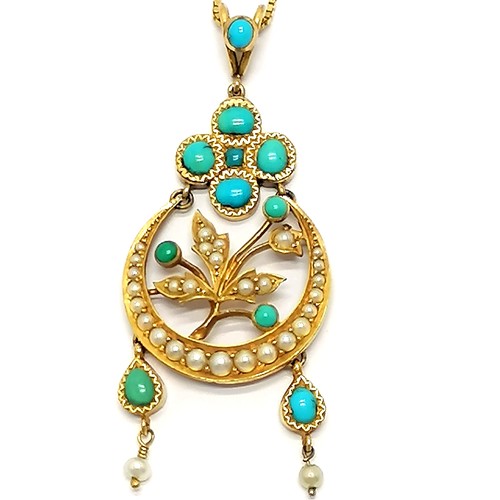 564 - Antique unmarked gold (touch tests as 15ct) pendant set with turquoise & pearl (5.5cm drop) on an 18... 