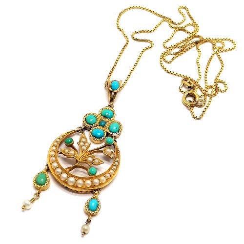 564 - Antique unmarked gold (touch tests as 15ct) pendant set with turquoise & pearl (5.5cm drop) on an 18... 