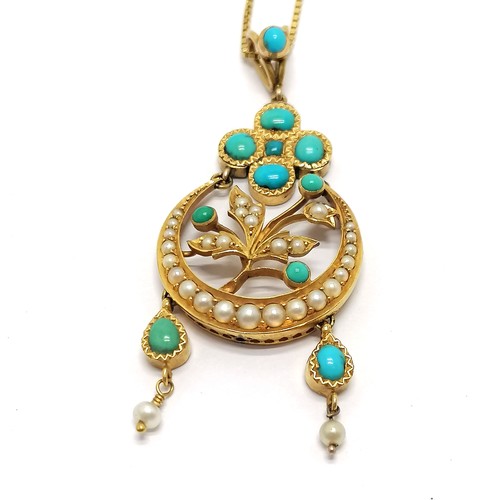 564 - Antique unmarked gold (touch tests as 15ct) pendant set with turquoise & pearl (5.5cm drop) on an 18... 