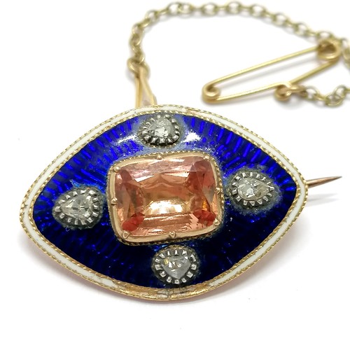 590 - Georgian antique unmarked gold (touch tests as 14ct) guilloche enamel brooch set with topaz & 4 diam... 