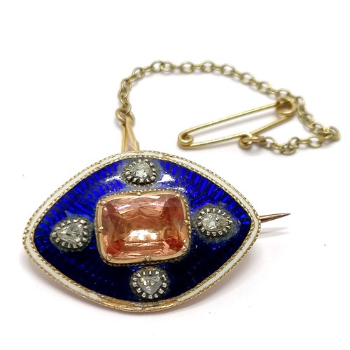 590 - Georgian antique unmarked gold (touch tests as 14ct) guilloche enamel brooch set with topaz & 4 diam... 