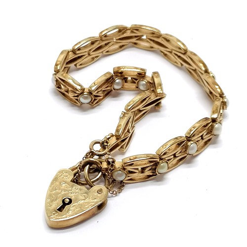 593 - 9ct hallmarked gold unusual fancy link bracelet set with pearls with engraved heart padlock clasp - ... 