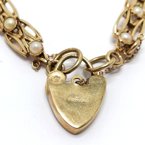 593 - 9ct hallmarked gold unusual fancy link bracelet set with pearls with engraved heart padlock clasp - ... 