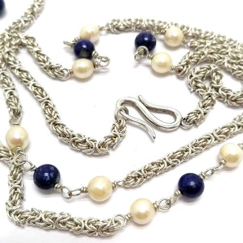 601 - Unmarked silver hand made natural (?) pearl & lapis bead 68cm necklace - 25g total weight