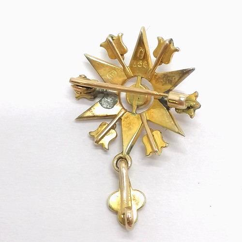 603 - Antique 9ct marked gold pendant star pendant set with pearl - 3cm drop & 3.4g total weight ~ missing... 