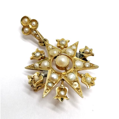 603 - Antique 9ct marked gold pendant star pendant set with pearl - 3cm drop & 3.4g total weight ~ missing... 