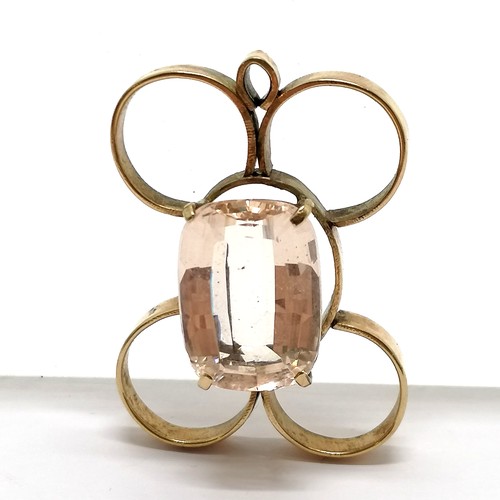 611 - 9ct hallmarked gold designer stone set (morganite?) pendant by AJF - 4cm drop & 12.8g