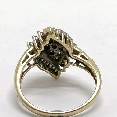 622 - 9ct hallmarked gold diamond (brilliant + baguettes) set cluster ring - size P½ & 4g total weight