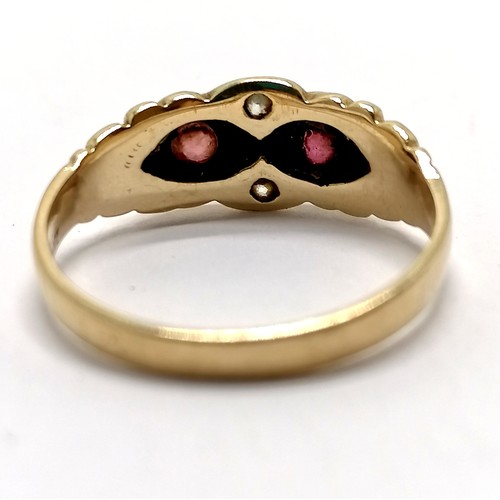 644 - Antique 9ct marked (rubbed marks) gold ruby & white stone set ring - size K½ & 1.8g total weight