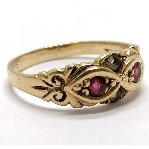 644 - Antique 9ct marked (rubbed marks) gold ruby & white stone set ring - size K½ & 1.8g total weight