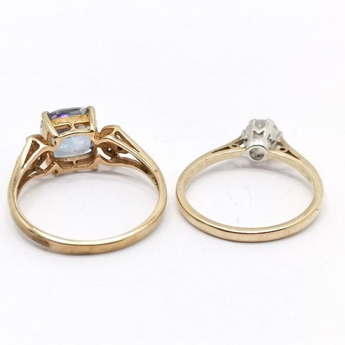 656 - 2 x 9ct hallmarked gold stone set rings - solitaire size M & other P½ & 4.1g total weight (2)