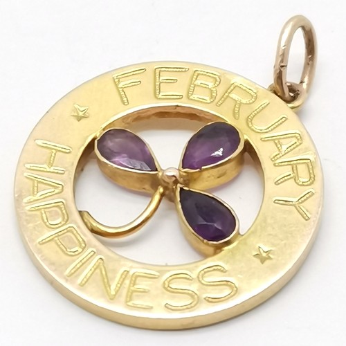 669 - Antique 9ct marked gold February : Happiness pendant set with amethyst - 18mm diameter & 1.2g total ... 