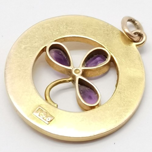 669 - Antique 9ct marked gold February : Happiness pendant set with amethyst - 18mm diameter & 1.2g total ... 