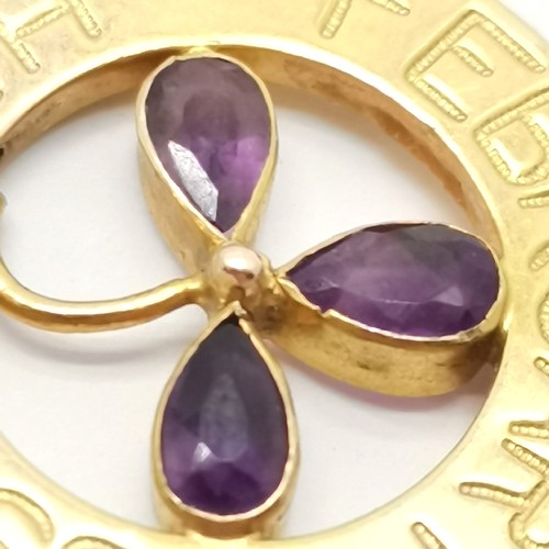 669 - Antique 9ct marked gold February : Happiness pendant set with amethyst - 18mm diameter & 1.2g total ... 