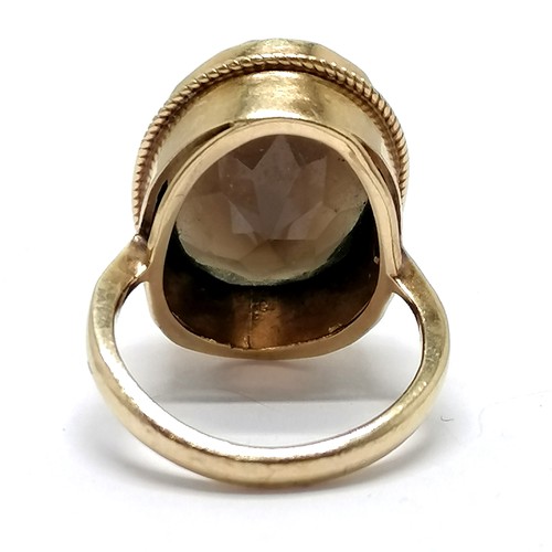 683 - 9ct hallmarked gold high mounted smoky quartz ring - size J & 5.3g total weight