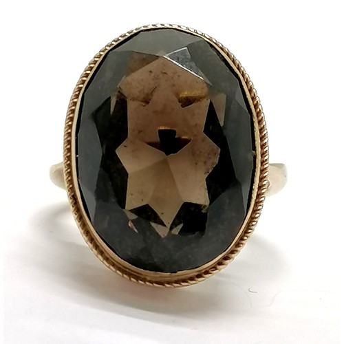 683 - 9ct hallmarked gold high mounted smoky quartz ring - size J & 5.3g total weight