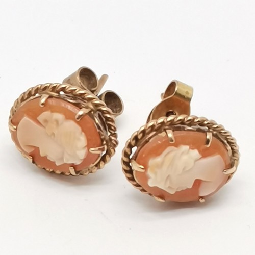 685 - 9ct gold pair of hand carved shell cameo earrings in a Ham & Huddy (Liskeard) retail box - earrings ... 