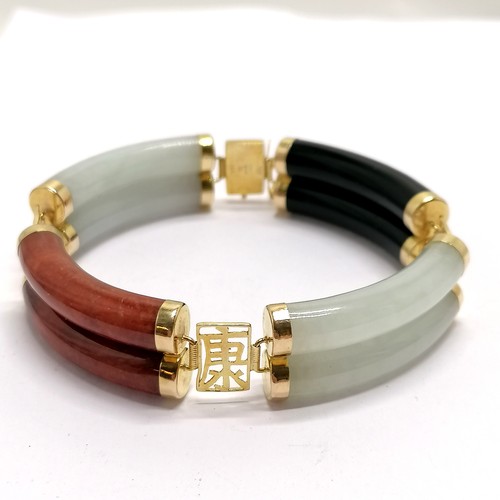 687 - 14ct hallmarked gold hardstone bangle (inc jade) - 37.8g total weight