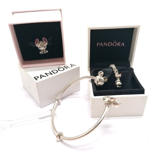 690 - Pandora (ALE) silver Disney Mickey / Minnie mouse bangle, Olaf charm (boxed) + Stitch (Experiment 62... 