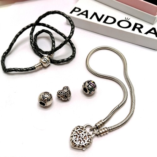 692 - Pandora (ALE) silver bracelet with heart padlock clasp & thong necklace + 3 x beads - some boxed