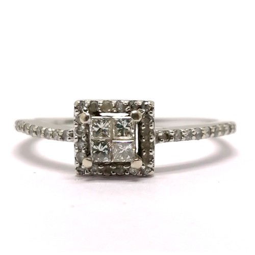 694 - 14ct marked white gold multi diamond cluster set (inc 4 princess cut) & with diamond set shoulders -... 