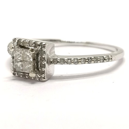 694 - 14ct marked white gold multi diamond cluster set (inc 4 princess cut) & with diamond set shoulders -... 