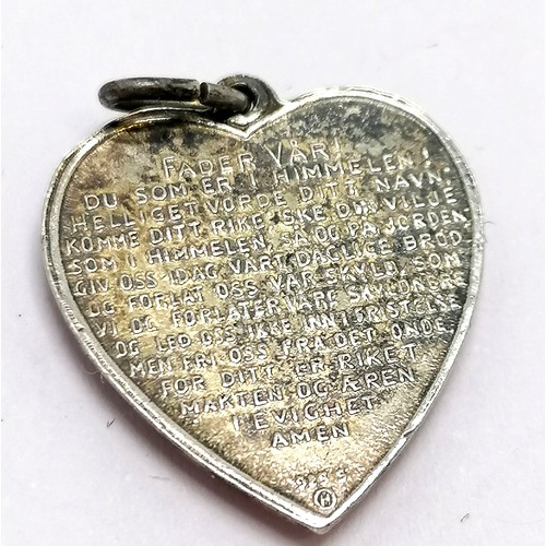 696 - Ivar T Holth (Norway) silver & guilloche enamel heart pendant with Lords prayer on reverse - 2cm dro... 