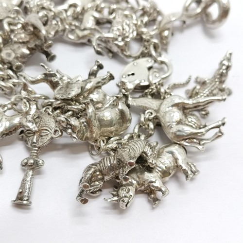 723 - Heavy silver charm bracelet with charms inc mostly African animals / birds + dodo + cobra etc - 234g