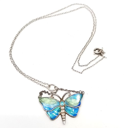 734 - Charles Horner antique enamel butterfly pendant silver necklet - 44cm chain & total weight 3.3g ~ ch... 