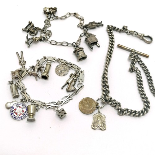 738 - Antique silver albert chain (every link marked & 28cm) with Lords prayer fob t/w 2 silver charm brac... 