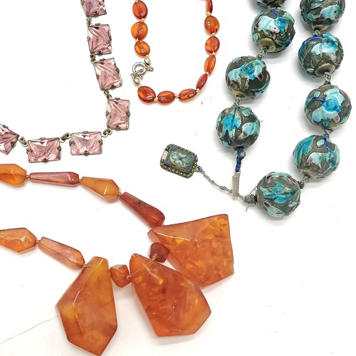 739 - Strand of Chinese beads with cloisonne clasp (45cm) t/w beadwork long necklace, amber necklace + bra... 