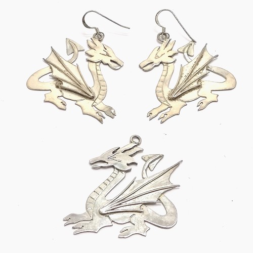 767 - Unmarked silver hand crafted dragon earrings & pendant (4.5cm) set - total weight 20g - SOLD ON BEHA... 