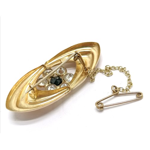 775 - 9ct marked gold oval cluster brooch set with sapphire & white stones - 4.2cm across & 3.5g total wei... 