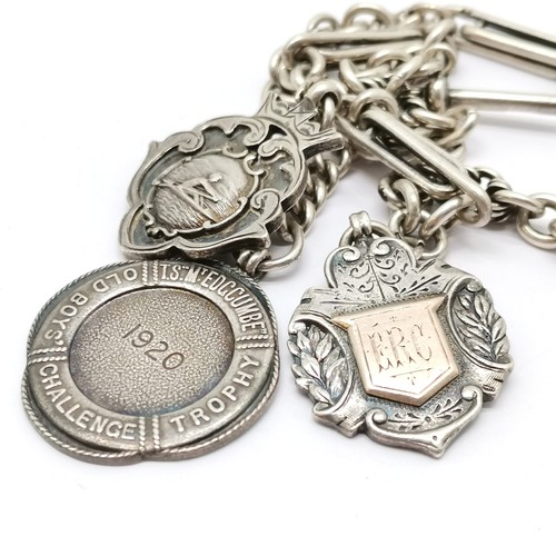 796 - Antique silver marked fancy link albert chain (36cm) with 3 silver fobs (inc 1920 training ship 