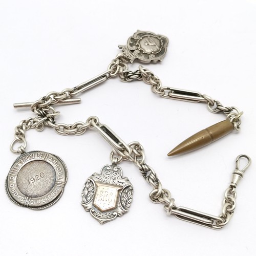 796 - Antique silver marked fancy link albert chain (36cm) with 3 silver fobs (inc 1920 training ship 