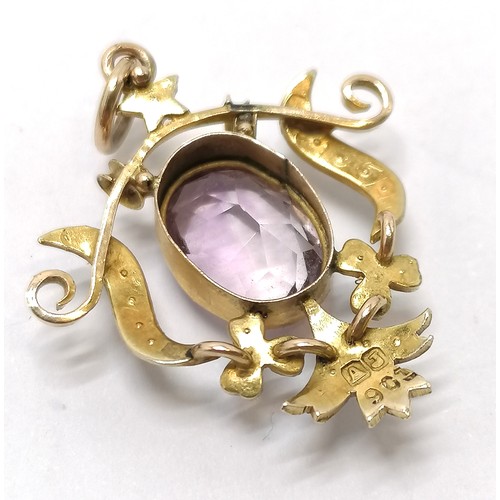 798 - Antique 9ct marked gold Art Nouveau amethyst / seed pearl set pendant by AJ - 3cm drop & 2.3g total ... 