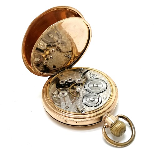 808 - Antique gold plated pocket watch (50mm case) - runs but for spares / repairs (lacking glass & has de... 