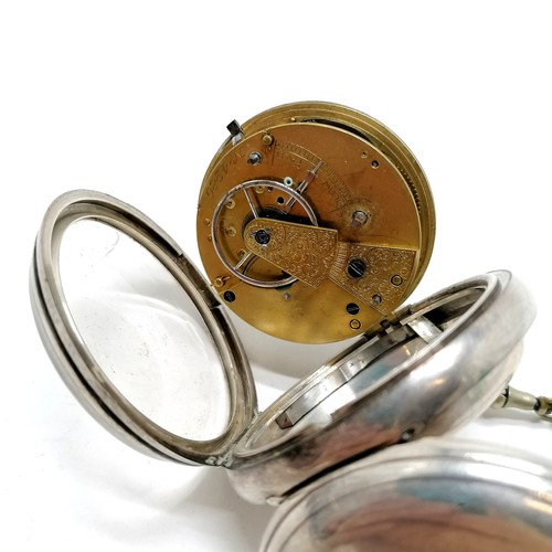 818 - Antique silver cased pocket watch (50mm case) on an antique nickel double albert chain 36cm long ~ t... 